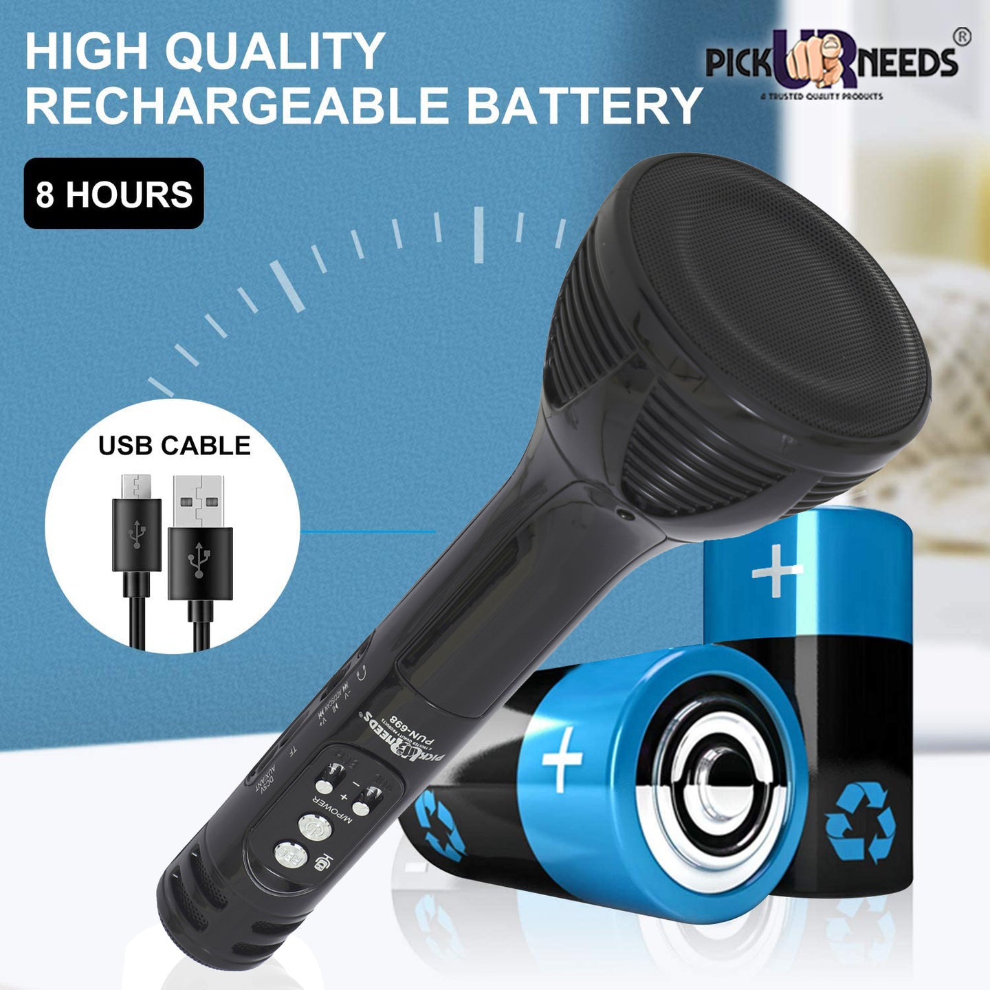 Pick Ur Needs Karaoke Mic with Led Light Wireless Bluetooth Microphone Connection Player Speaker 2-in1 with Recording + USB+FM